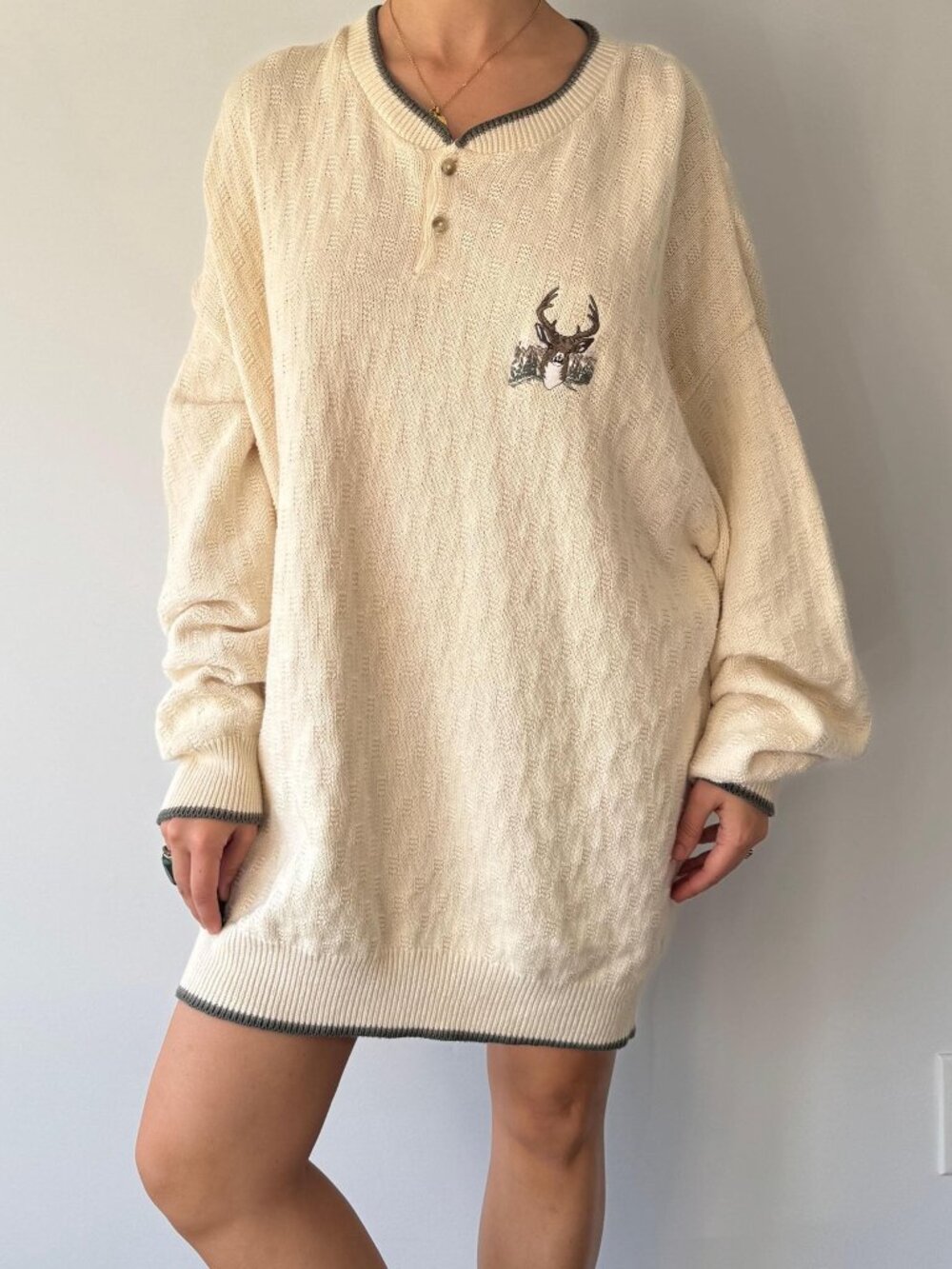90s vintage made USA deer animal nature mens unisex cotton knit henley sweater